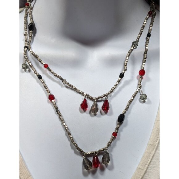 Handmade Layered Red Glass And Silver Tone Metal Beaded Necklace - Picture 2 of 5